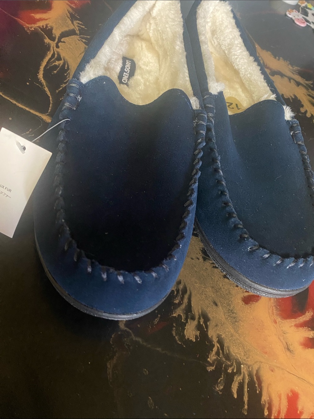 LAND’s END Dark Blue Faux-Fur Moccasin Slippers Size 12EE NWT